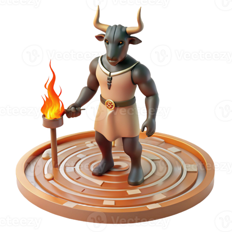 impressive minimalist A stoic Minotaur with the body of a man and head of a bull, standing in a labyrinth bathed in the cold light of torches. Greek pottery style authentic png