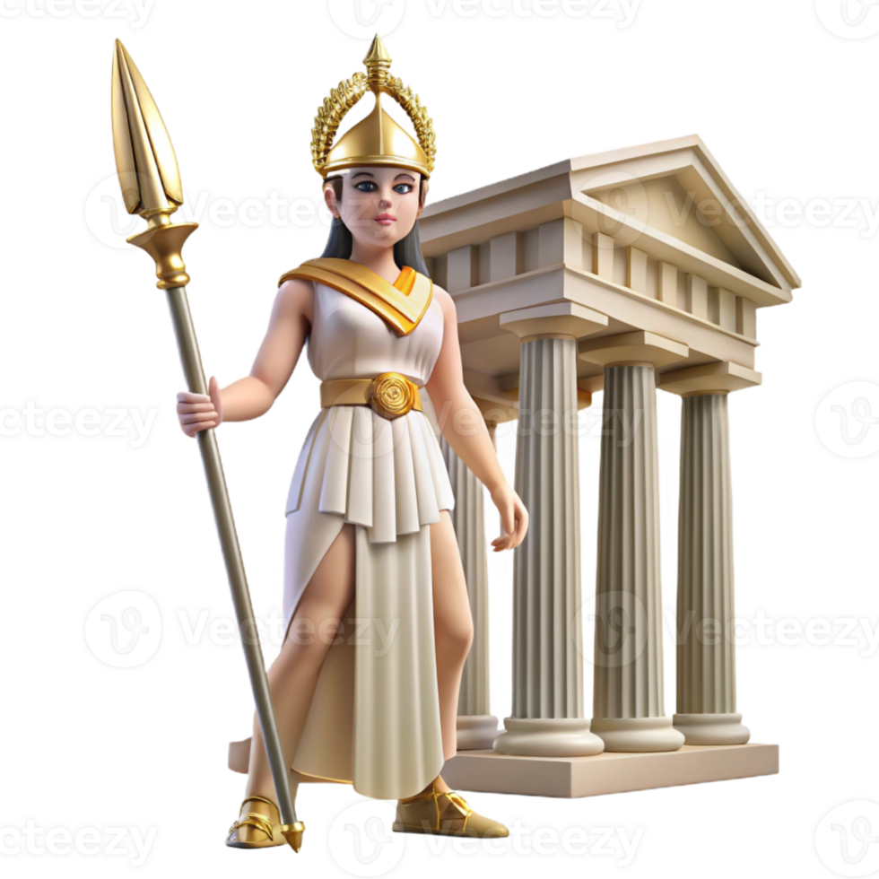 stunning creative A wise Athena with a gleaming helmet and spear, standing in front of the Parthenon. Classical style. Bright, sunny lighting exclusive png