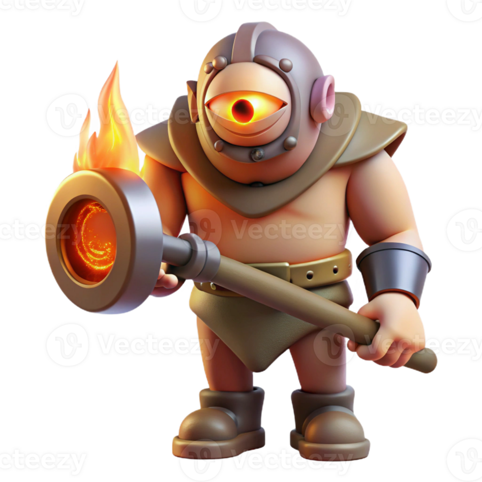 extraordinary contemporary A fierce cyclops with a single eye, wielding a giant club, bathed in the flickering light of a forge. Greek mythology style 4K png
