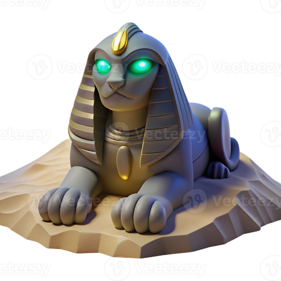stunning traditional A mysterious sphinx with glowing eyes and intricate hieroglyphs carved into its body, resting in the desert sands, lit by moonlight, in a stylized art deco style original png