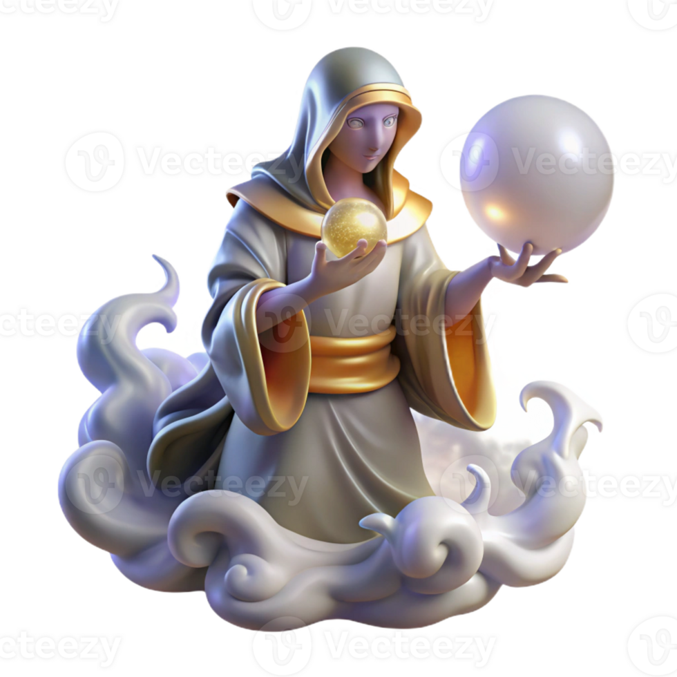 stunning abstract A wise oracle with flowing robes, gazing into a crystal ball, surrounded by swirling mists, lit by an ethereal glow. Art Nouveau style genuine png
