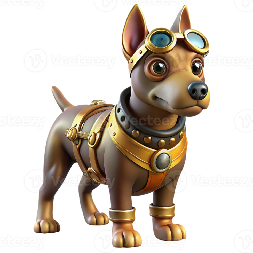 dramatic modern Steampunk dog, brass and leather harness, intricate goggles, loyal and watchful expression, soft lighting original png