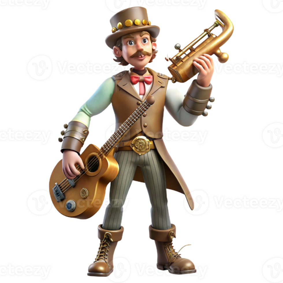 serene abstract Steampunk musician, ornate instrument, dramatic stage lighting, expressive pose professional png