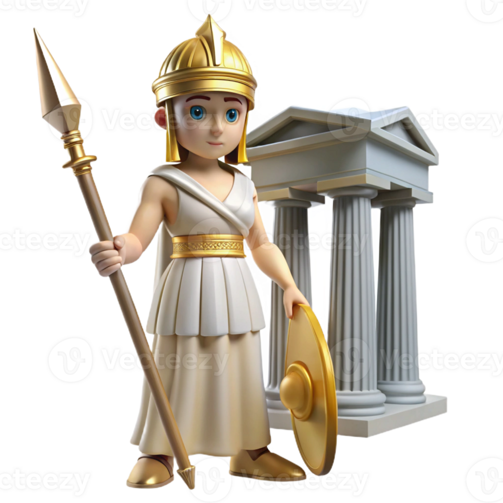 impressive artistic A wise Athena with a gleaming helmet and spear, standing in front of the Parthenon. Classical style. Bright, sunny lighting high resolution png