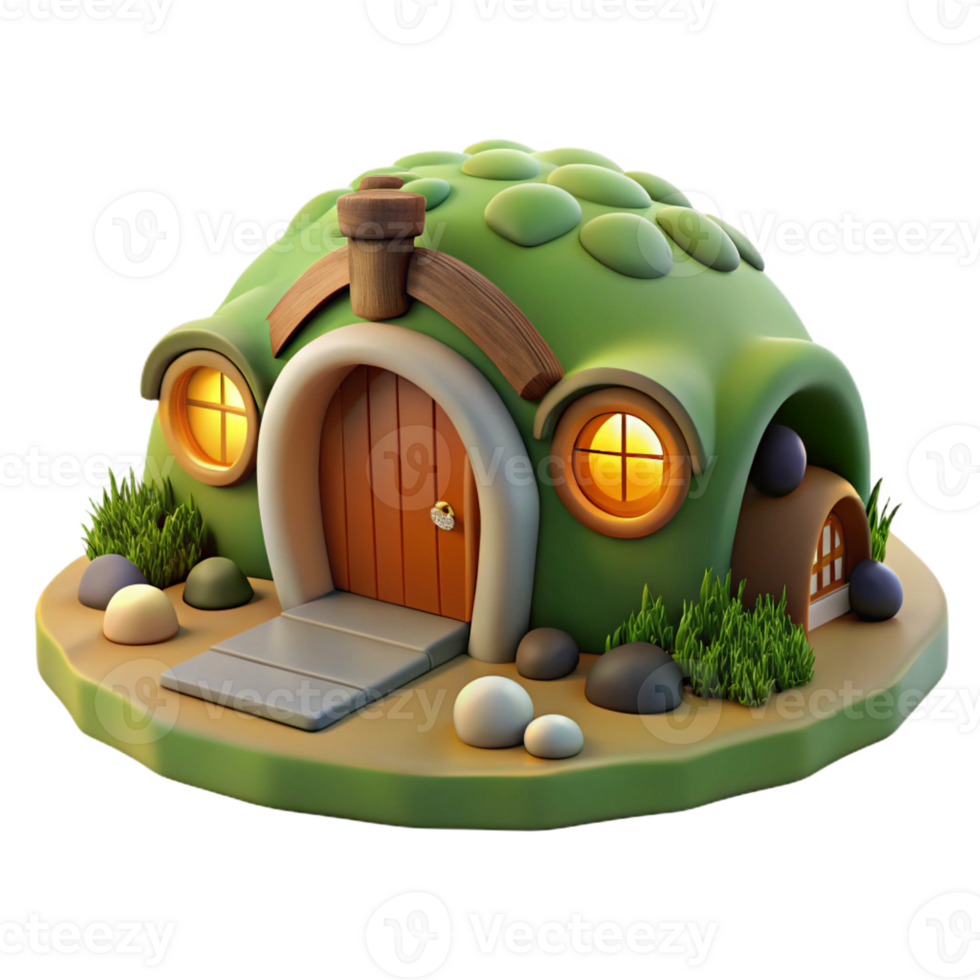 elegant artistic A cozy hobbit hole built into a grassy hillside, lit by a warm fire within, watercolor painting style genuine png