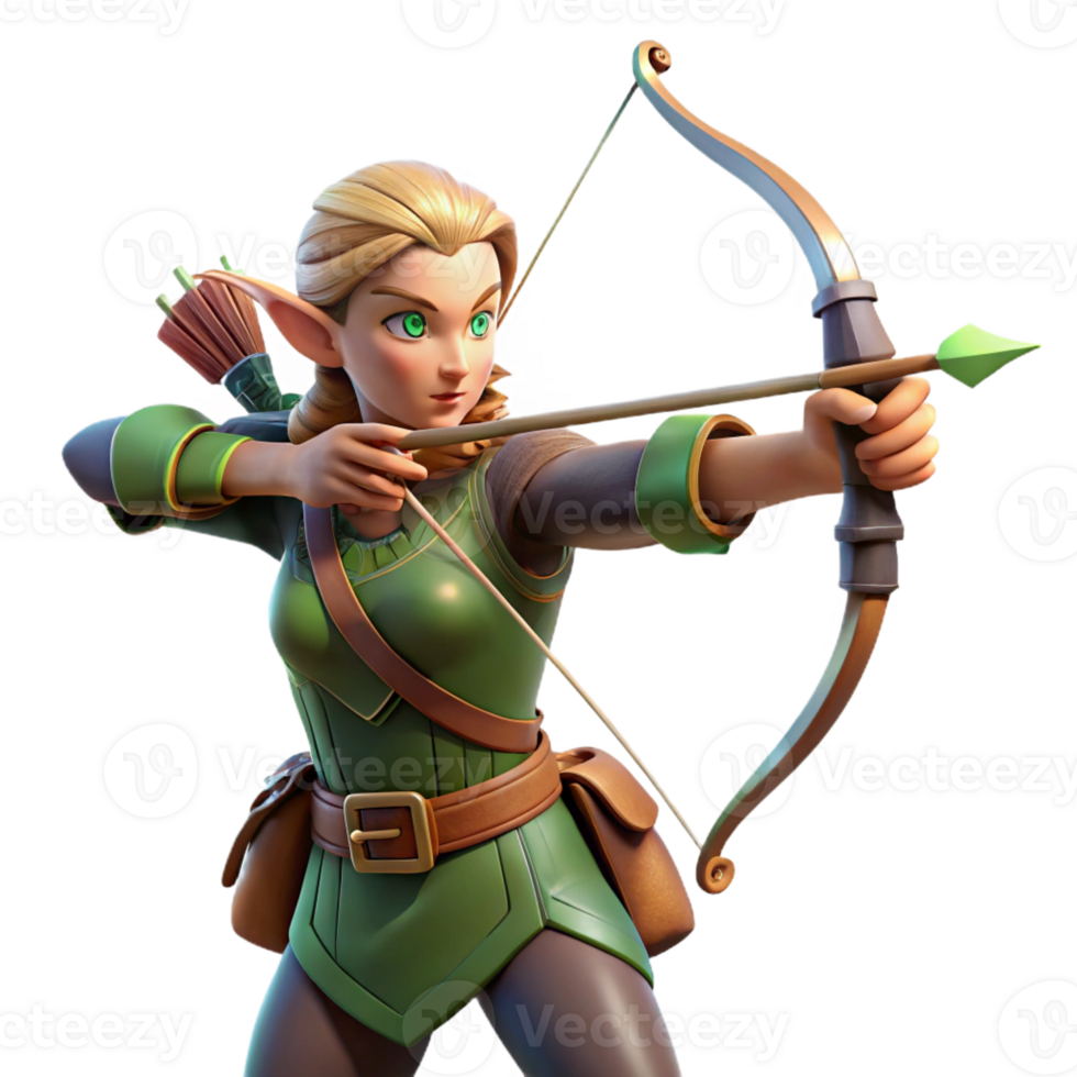 beautiful classic A beautiful elf archer aiming a bow and arrow at a distant target, illuminated by dappled sunlight through forest leaves, in a realistic style high quality png