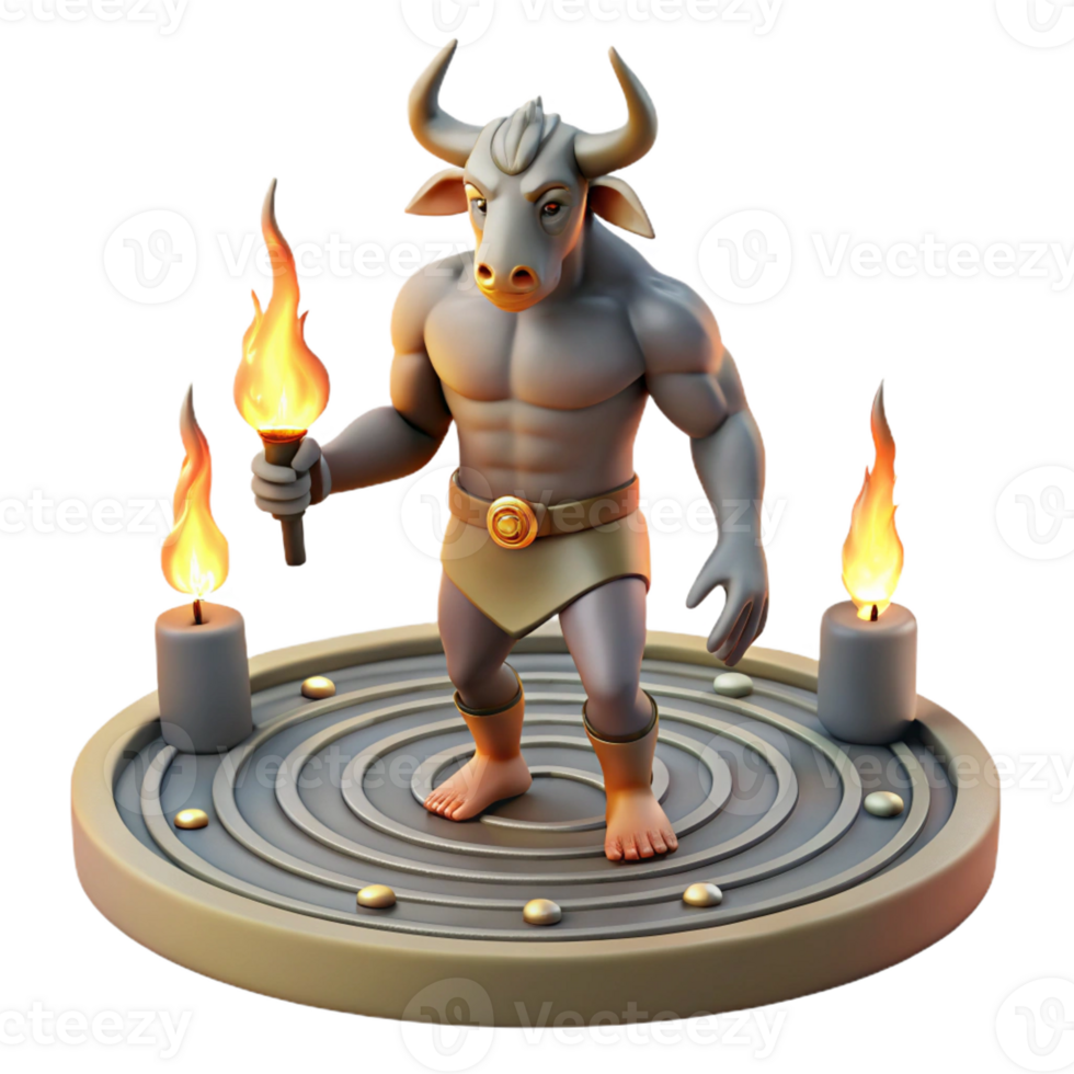 vibrant minimalist A stoic Minotaur with the body of a man and head of a bull, standing in a labyrinth bathed in the cold light of torches. Greek pottery style high quality png