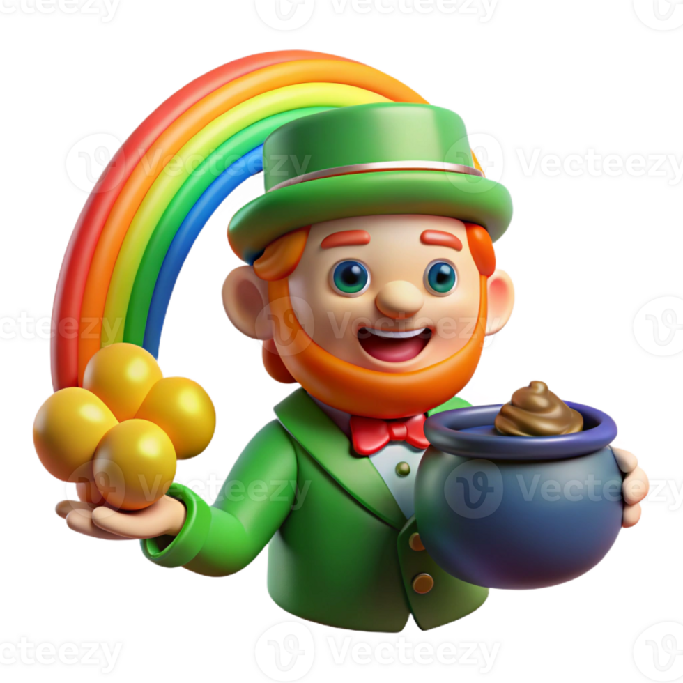 wonderful modern A mischievous leprechaun hiding a pot of gold at the end of a rainbow, illuminated by the rainbow's vibrant colors, in a whimsical style 4K png