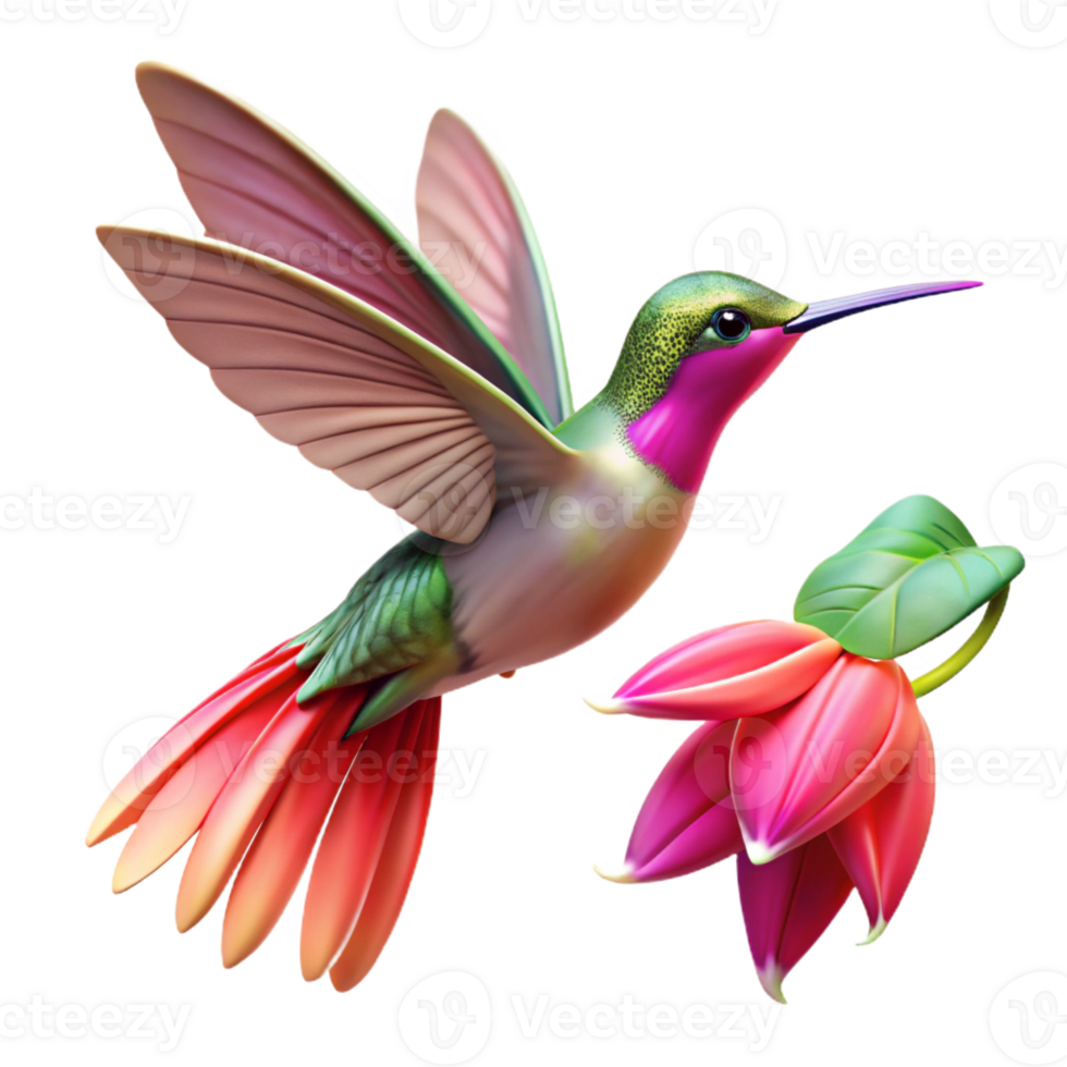 vibrant creative A hummingbird hovering near a fuchsia flower, capturing the motion blur of its wings, vibrant colors, nature photography style exclusive png