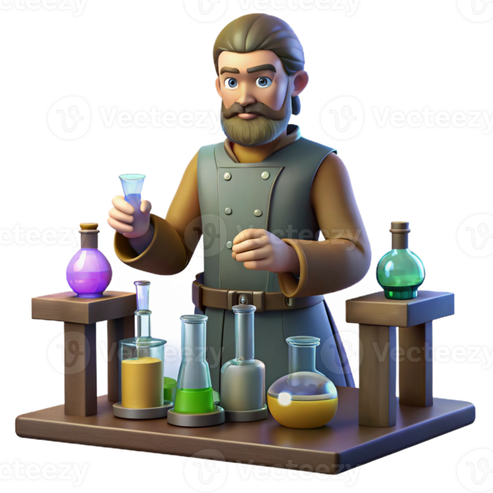 dramatic classic A medieval alchemist working in his laboratory, surrounded by bottles and beakers, mysterious atmosphere, dim lighting original png