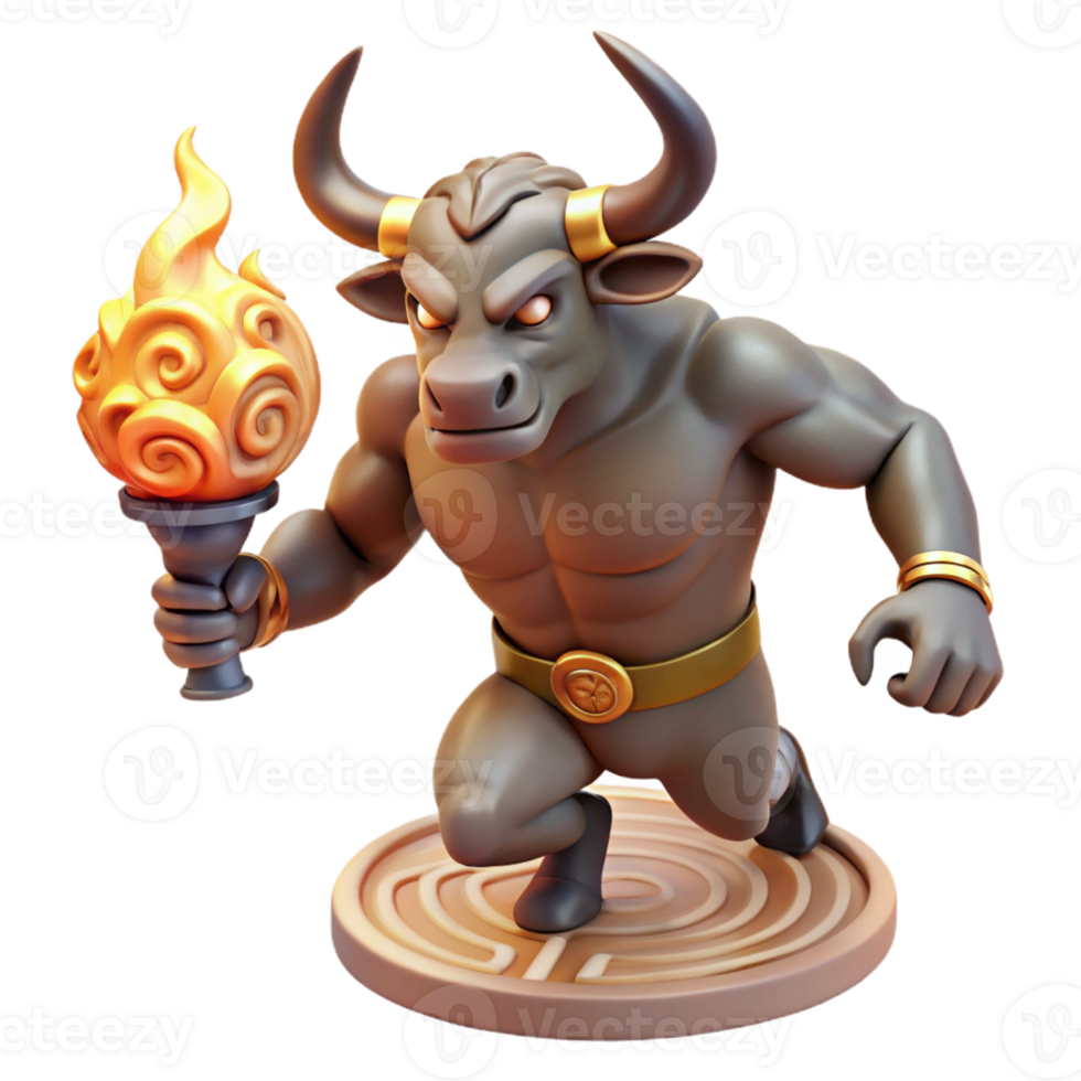 impressive vintage A powerful minotaur with bronze horns and rippling muscles, charging through a labyrinth, lit by flickering torches. Greek vase painting style professional png