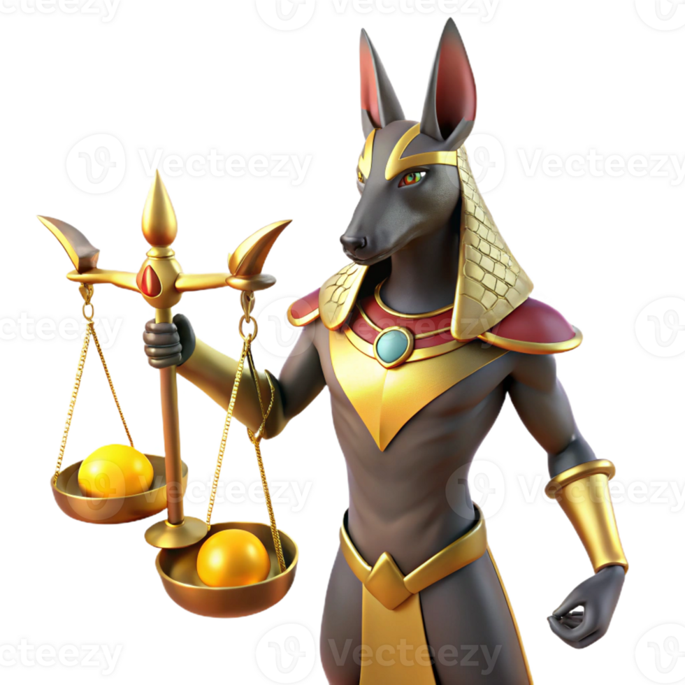 vibrant vintage A powerful Anubis with jackal head and golden Ankh, weighing a human heart on a scale against a feather. Ancient Egyptian art style. Dramatic chiaroscuro lighting authentic png