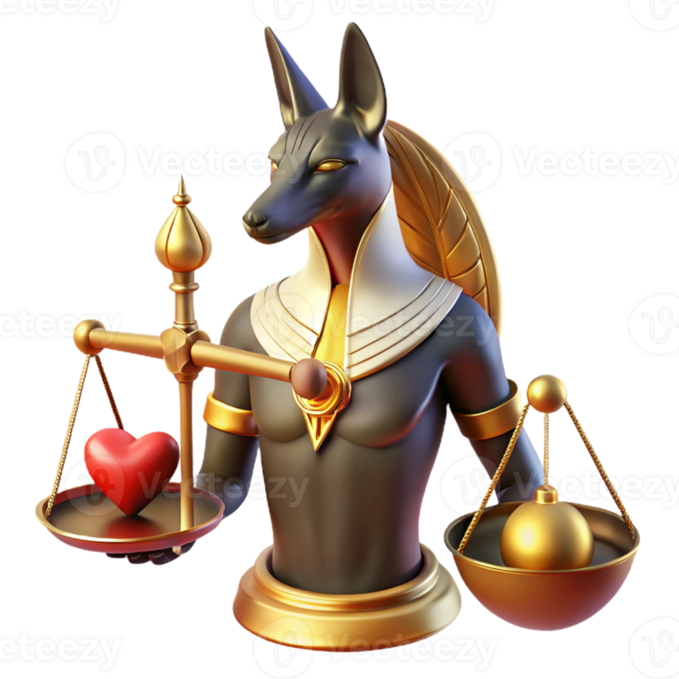 wonderful abstract A powerful Anubis with jackal head and golden Ankh, weighing a human heart on a scale against a feather. Ancient Egyptian art style. Dramatic chiaroscuro lighting professional png