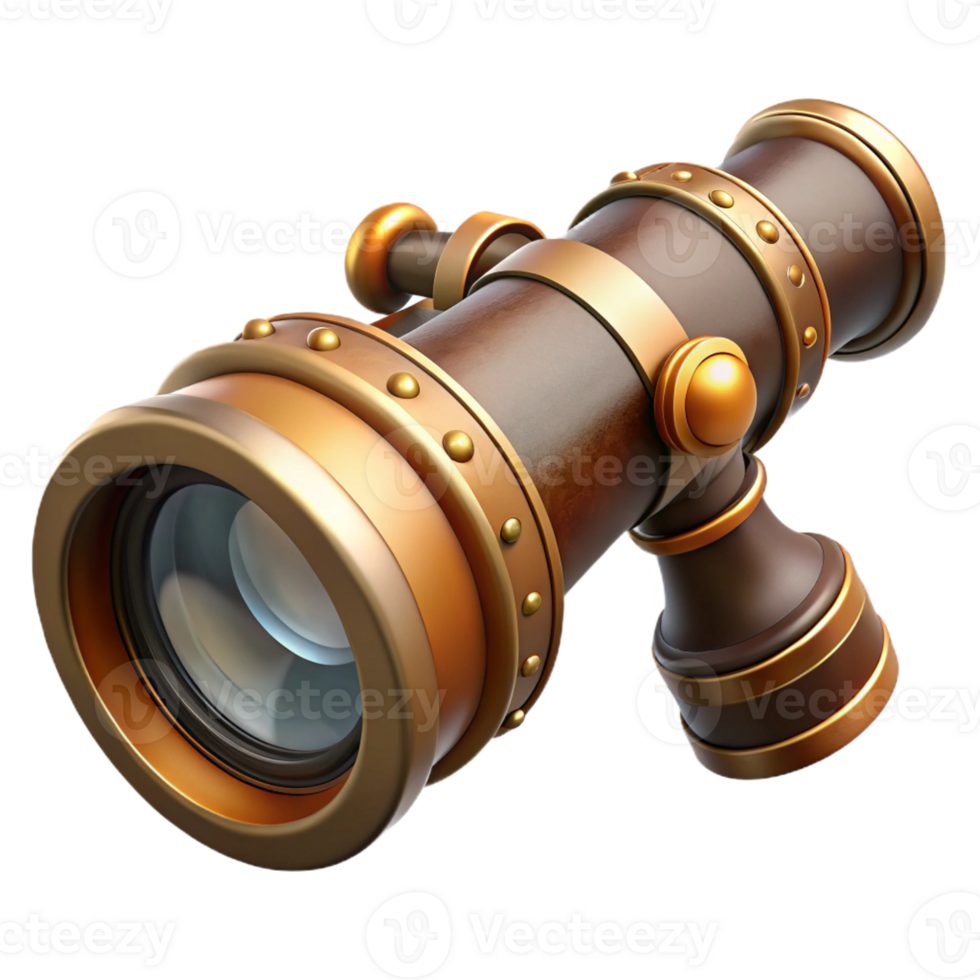 magnificent vintage A steampunk spyglass with brass and leather construction, intricate lenses and focusing mechanisms, extended for viewing, lit by a soft daylight authentic png