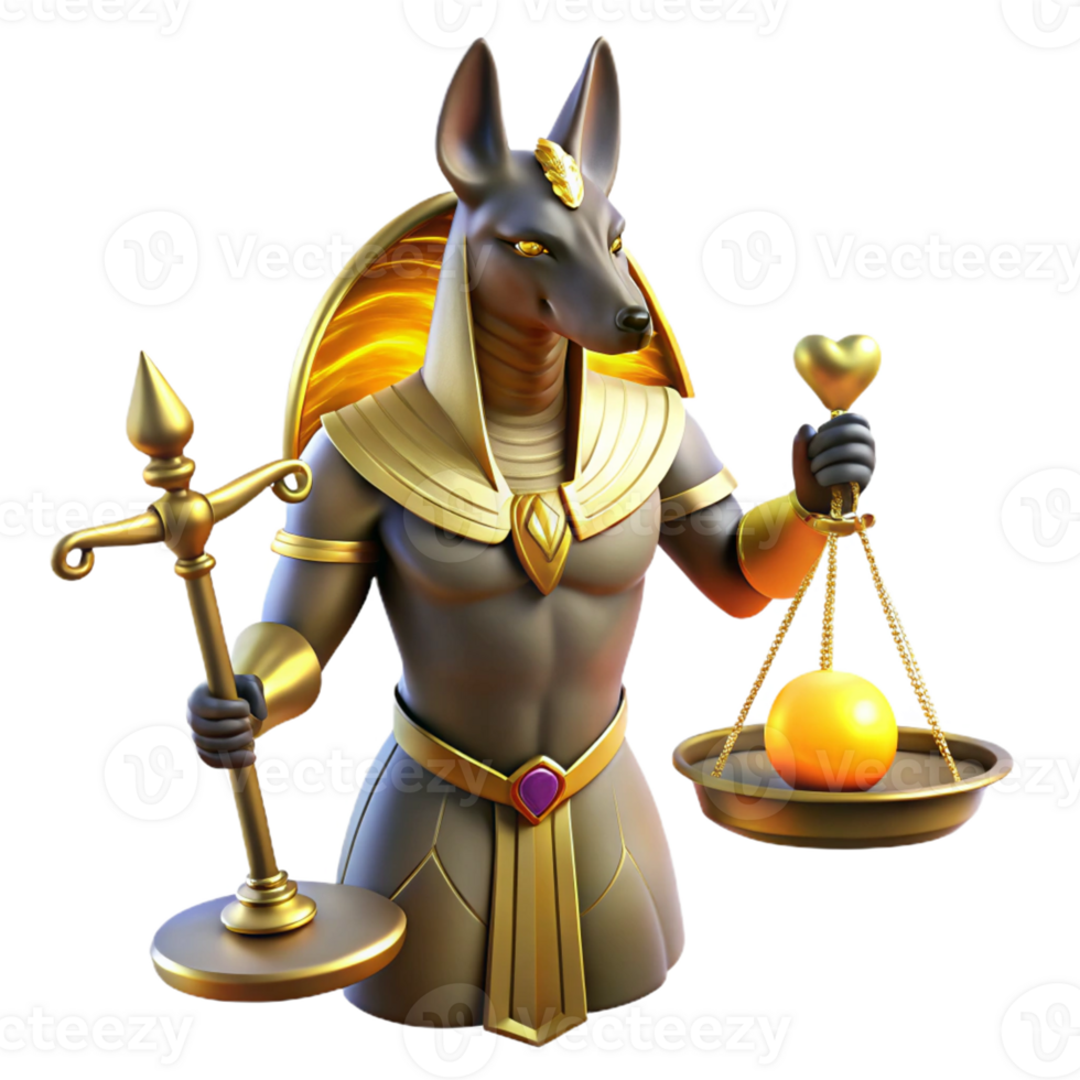 dramatic vintage A powerful Anubis with jackal head and golden Ankh, weighing a human heart on a scale against a feather. Ancient Egyptian art style. Dramatic chiaroscuro lighting detailed png