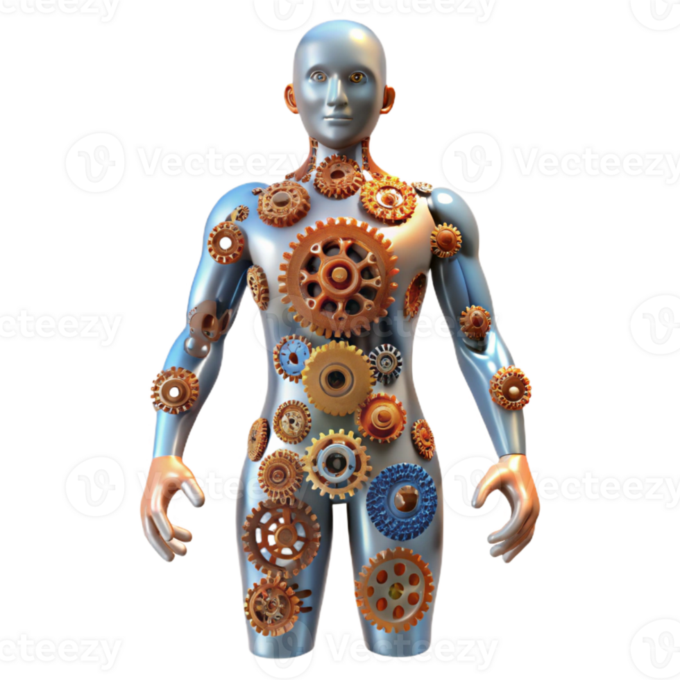magnificent minimalist A human figure composed entirely of interconnected gears and wires, standing in a desolate, industrial landscape, lit by a flickering, neon sign. Steampunk style professional png