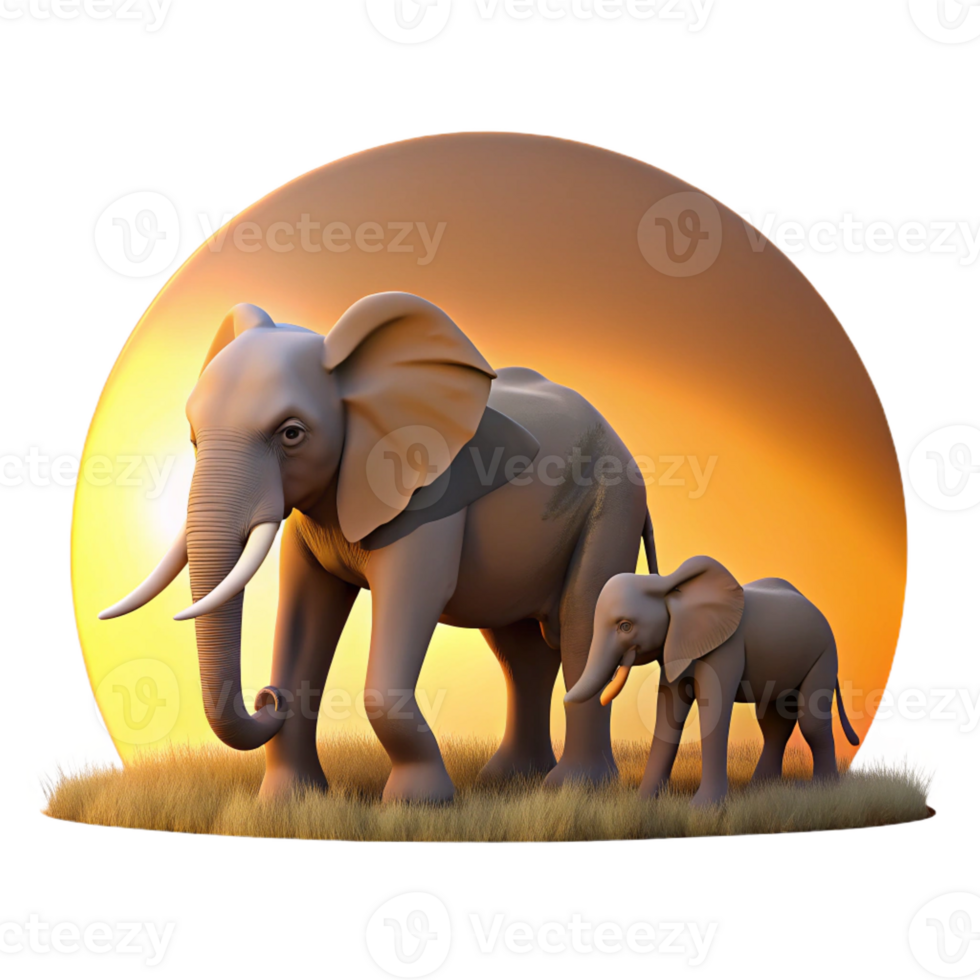 serene minimalist A family of elephants walking across the savanna, the setting sun casting long shadows behind them. Silhouette style exclusive png