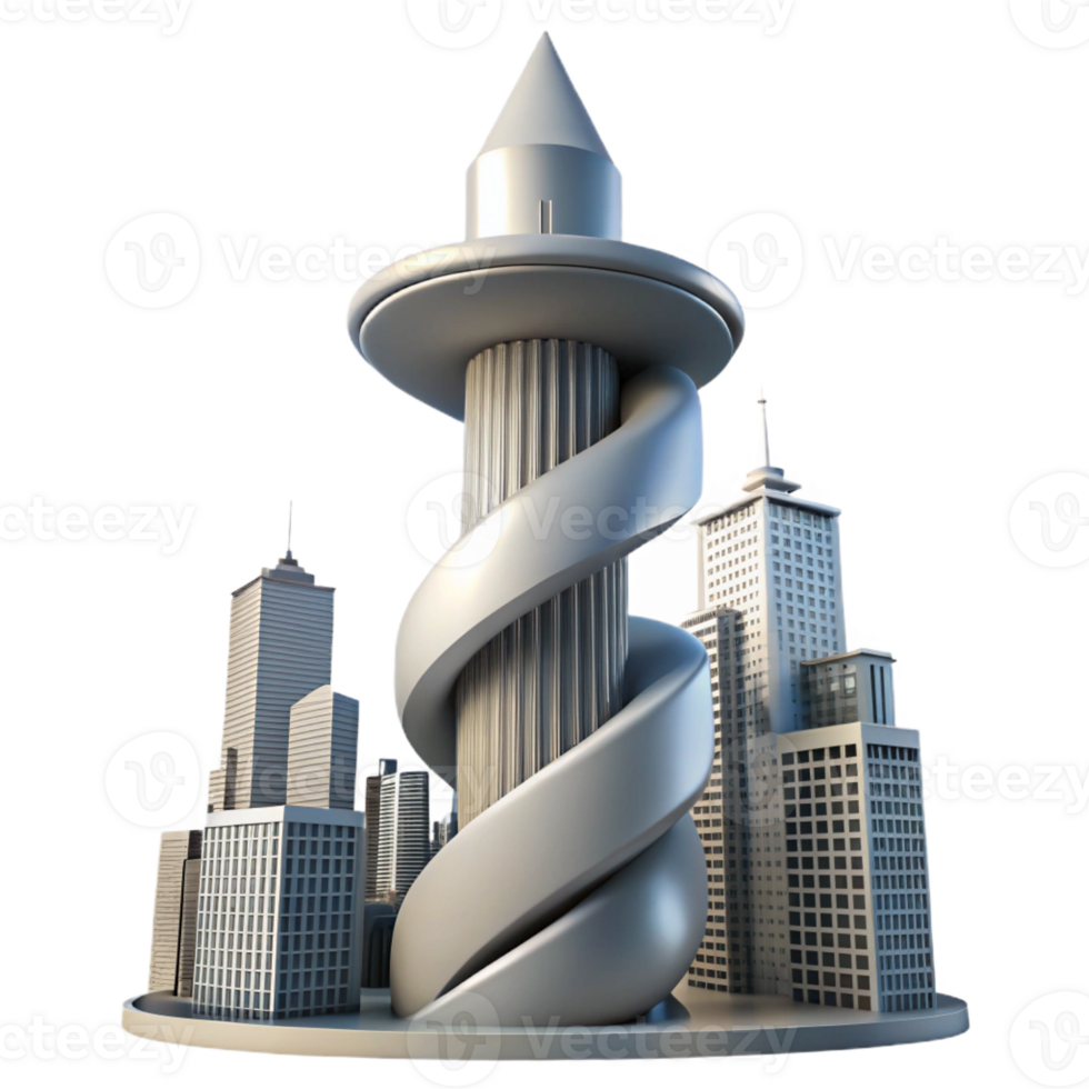 serene modern Spiral skyscraper, twisting form, dynamic composition, futuristic city skyline, innovative architecture genuine png