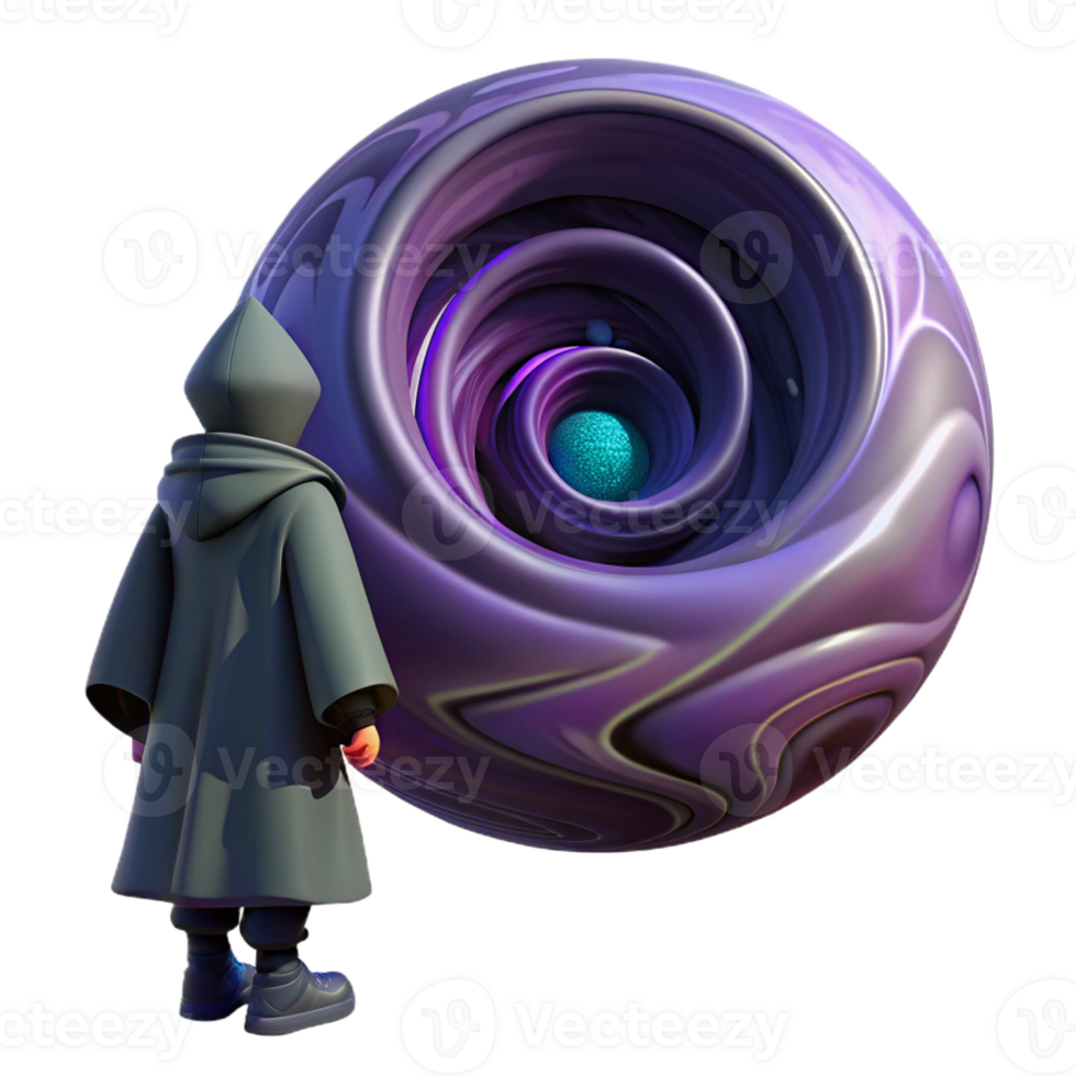 vibrant minimalist A solitary figure in a hooded cloak standing on a desolate, futuristic planet, gazing at a giant, swirling vortex in the sky. Fantasy art style exclusive png