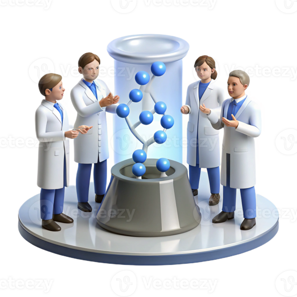 extraordinary artistic A group of scientists studying a holographic projection of a DNA molecule in a sterile, white laboratory. Photorealistic style original png