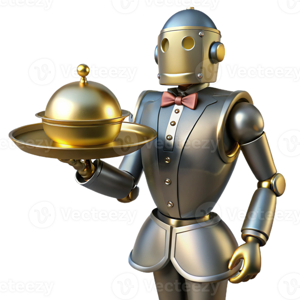 impressive minimalist A steampunk robot butler, polished brass, serving tea from a silver tray, soft, diffused lighting, vintage illustration style detailed png