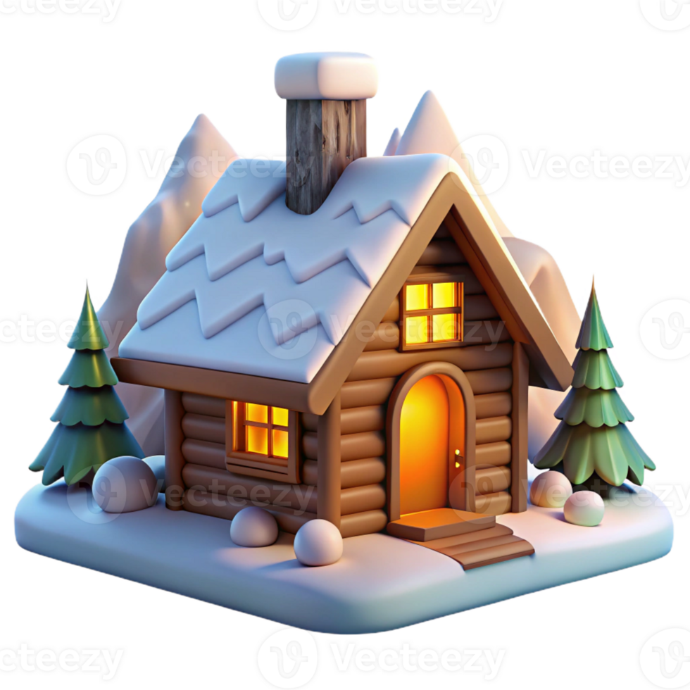 wonderful vintage Log cabin in a snowy mountain landscape, rustic charm, warm firelight, cozy winter scene, illustrative style high quality png