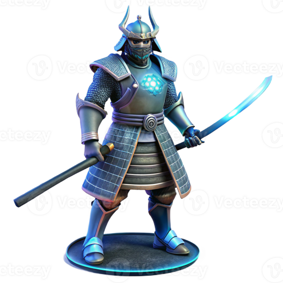 serene artistic A heavily augmented street samurai with a katana, standing in a defensive pose, illuminated by the flickering light of a holographic advertisement, in a gritty, realistic style premium png