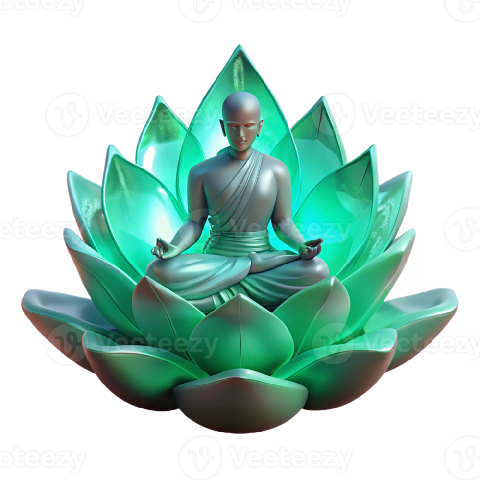 dramatic vintage A lone figure, shrouded in emerald mist, meditating atop a giant crystalline lotus flower, illuminated by bioluminescent flora. Intricate, Art Nouveau style exclusive png