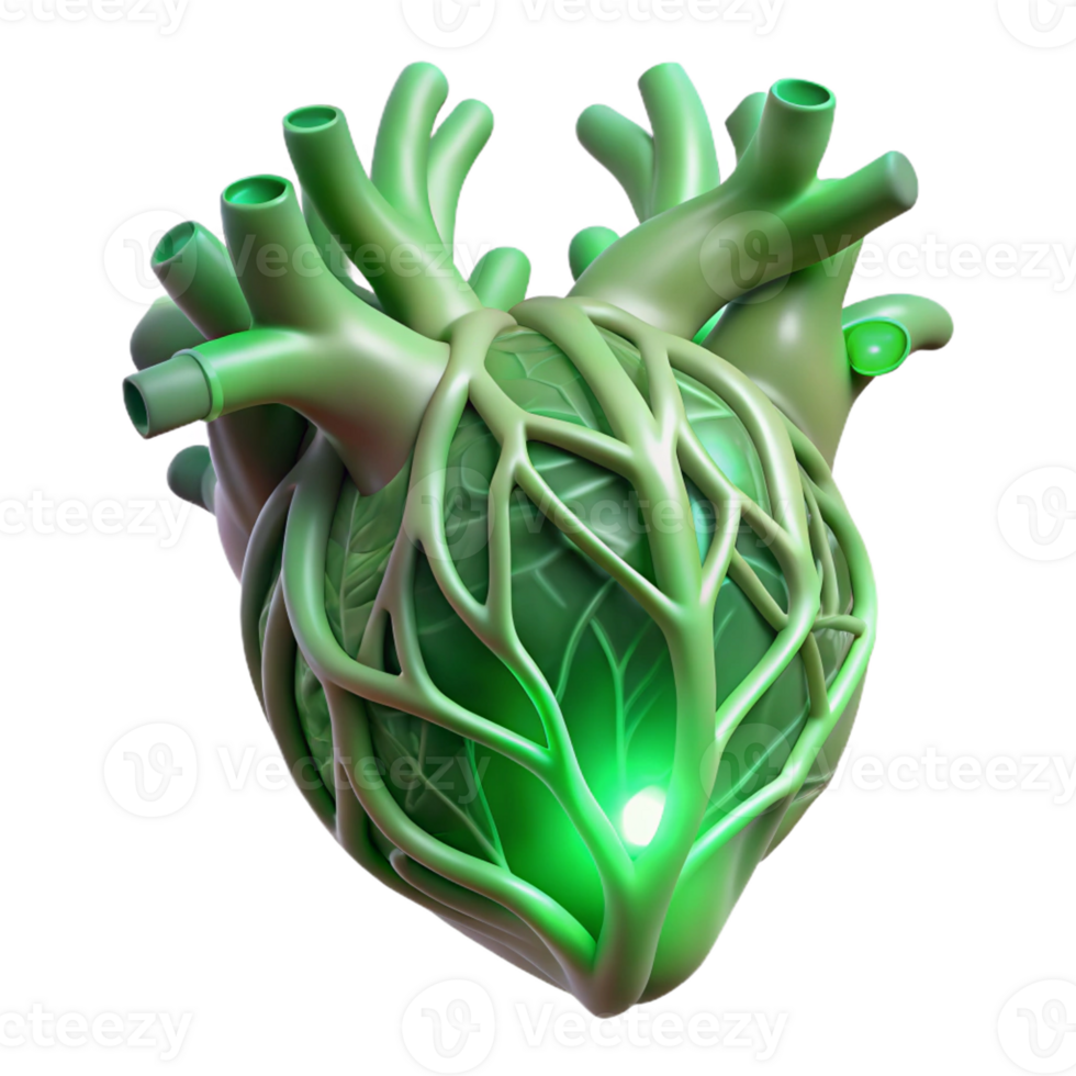 dramatic abstract A human heart made of interwoven tree branches, pulsating with a soft, green light. Fantasy art style genuine png