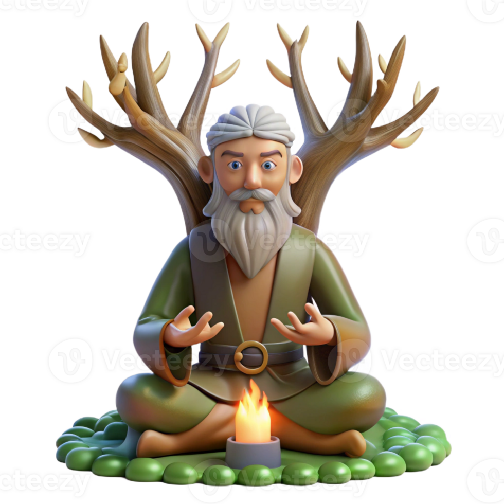 vibrant traditional A wise old druid with antlers and glowing runes carved into his skin, meditating beneath a towering oak tree, lit by dappled sunlight, in a realistic style genuine png