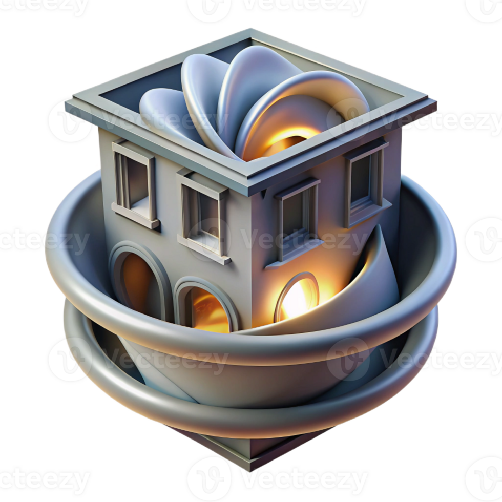 serene rustic A swirling, gravity-defying Escher-esque building, illuminated by an impossible light source, surrealist painting style exclusive png