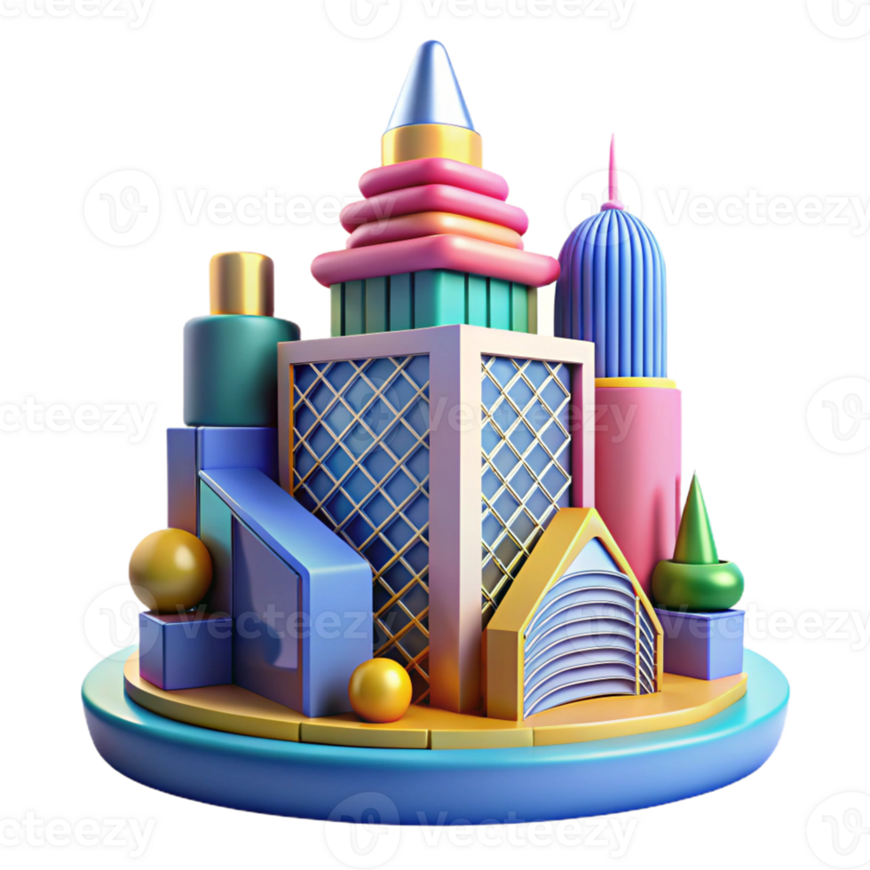 impressive contemporary Postmodern skyscraper, playful geometric forms, vibrant colors, bright midday sunlight, highly detailed, Memphis style high resolution png