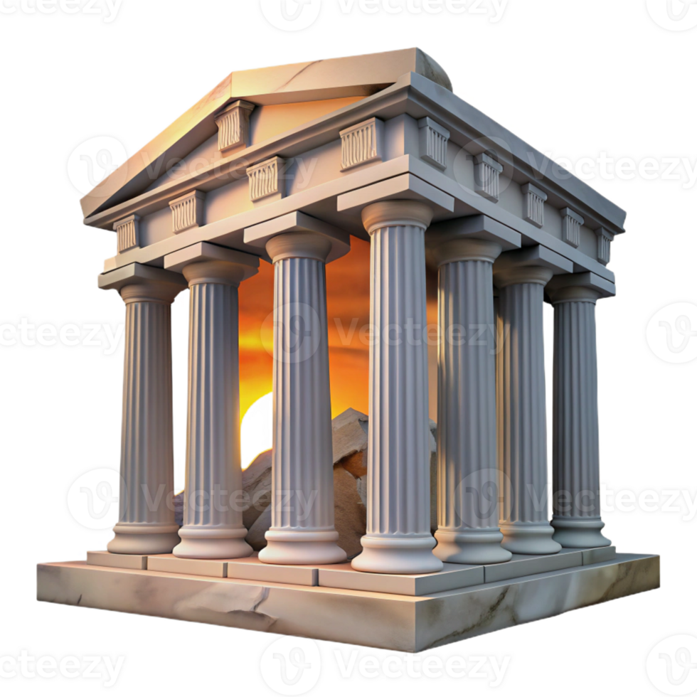 dramatic classic Greek temple ruins, weathered marble columns, crumbling pediment, dramatic sunset light, classical architecture photography genuine png