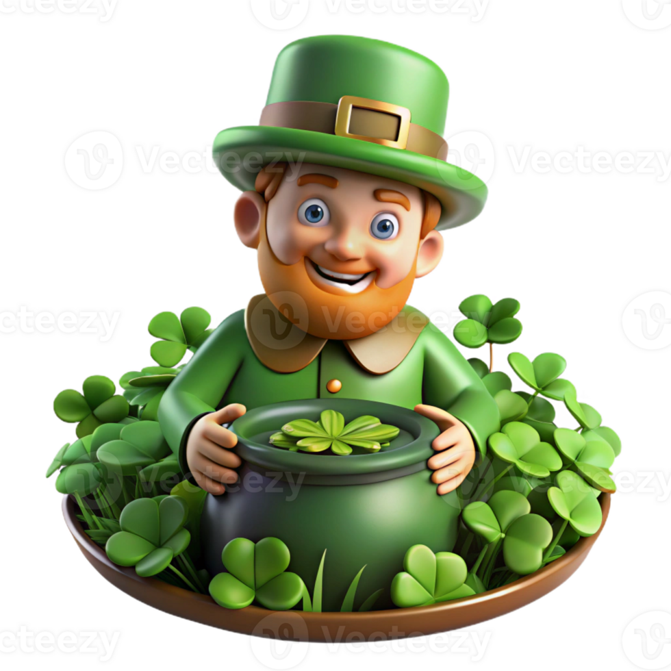 dramatic traditional A mischievous leprechaun with a pot of gold, hiding in a field of four-leaf clovers, dappled sunlight filtering through the leaves. Cartoon style detailed png