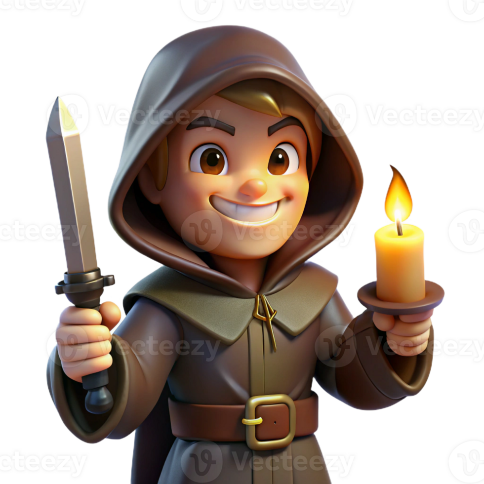 vibrant vintage A cunning rogue with a hooded cloak and a sly grin, holding a dagger, illuminated by the dim light of a flickering candle. Baroque style original png