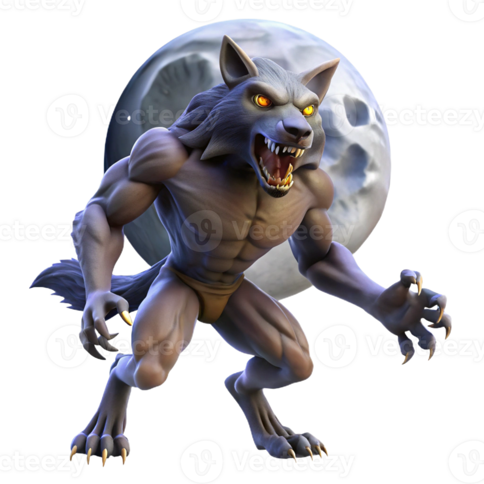 stunning abstract A fierce werewolf transforming under a full moon, with glowing eyes and sharp claws, in a dark, atmospheric forest. Horror style high resolution png