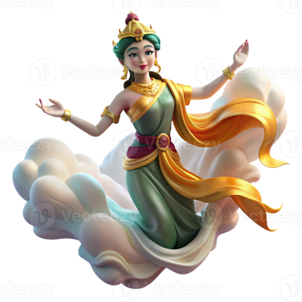 wonderful minimalist A graceful apsara with flowing silk robes, dancing amongst clouds in the heavens. Ethereal, soft lighting. Southeast Asian style high resolution png