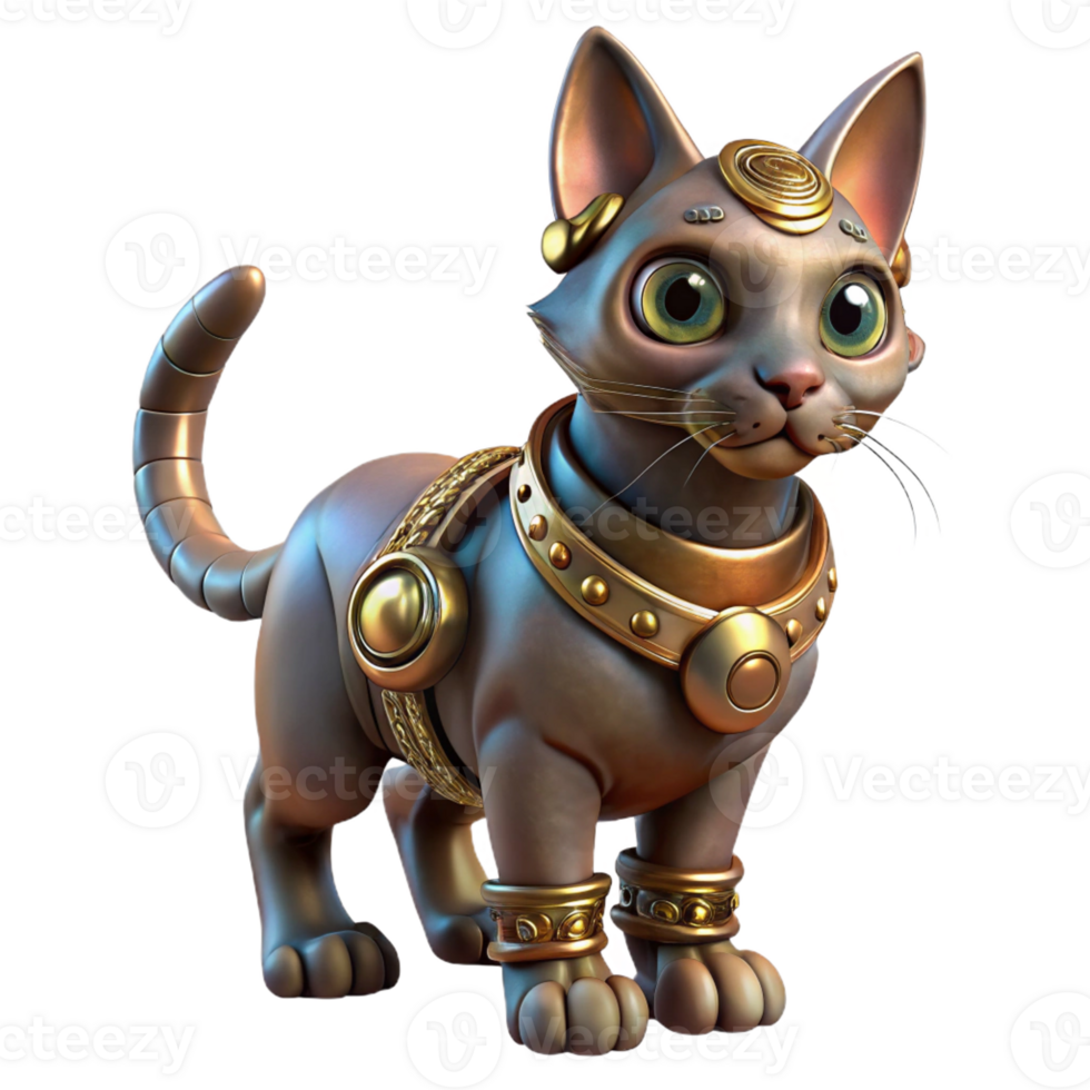 magnificent classic Steampunk cat, metallic fur, intricate clockwork collar, playful lighting professional png