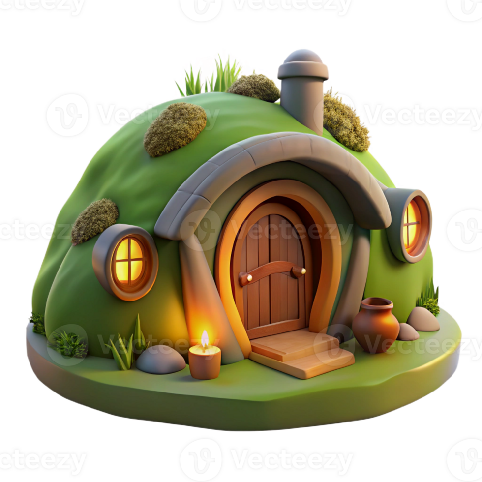 vibrant artistic A cozy hobbit hole built into a grassy hillside, lit by a warm fire within, watercolor painting style exclusive png