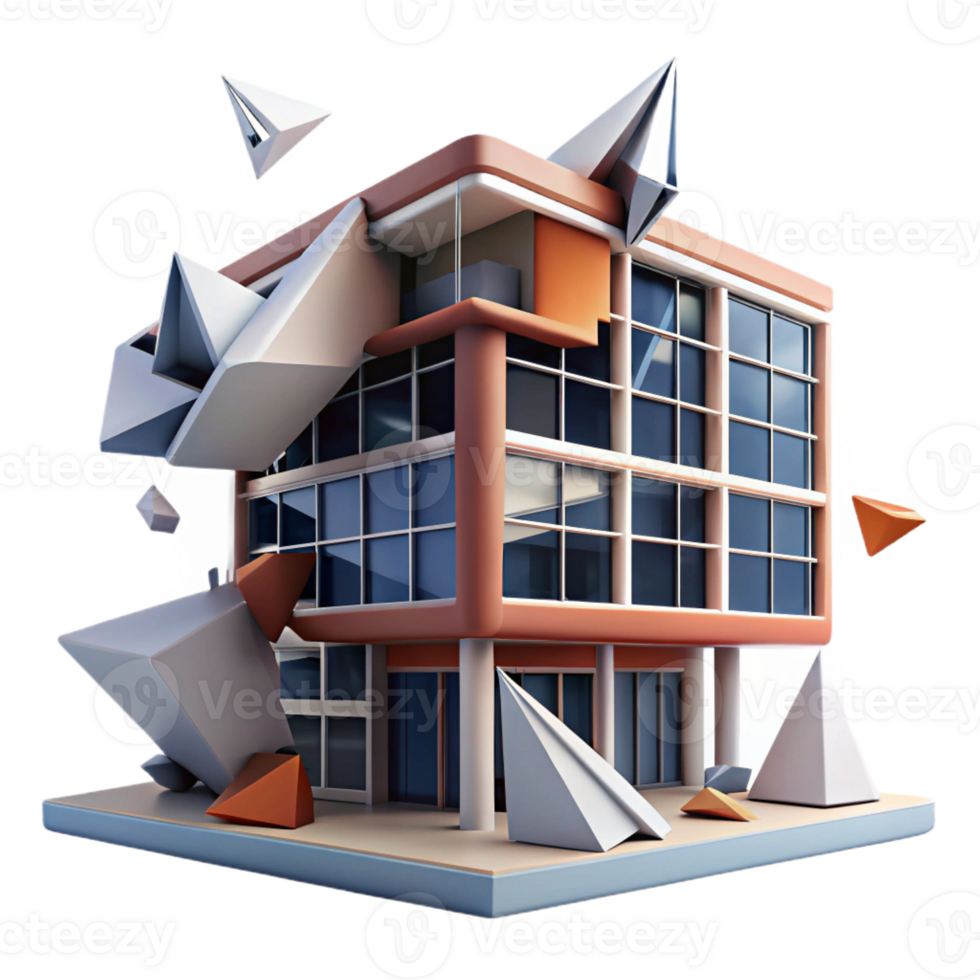 dramatic artistic Deconstructivist office building, fragmented shapes, colliding planes, dynamic composition, abstract expressionist style professional png