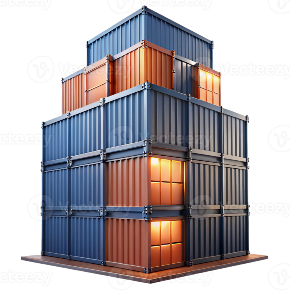 vibrant traditional A skyscraper made entirely of stacked shipping containers, industrial lighting, urban photography authentic png