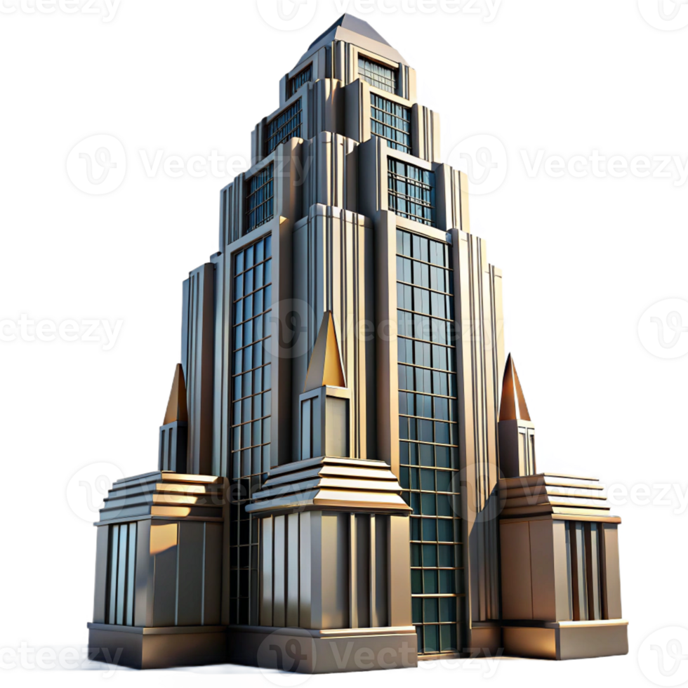 vibrant rustic Art Deco skyscraper, intricate geometric facade, chrome accents, sharp shadows cast by a low afternoon sun, highly polished rendering original png
