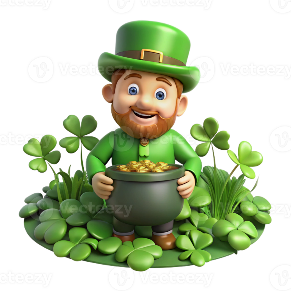 wonderful creative A mischievous leprechaun with a pot of gold, hiding in a field of four-leaf clovers, dappled sunlight filtering through the leaves. Cartoon style authentic png