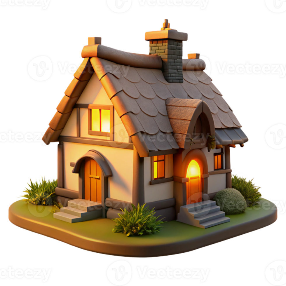 serene artistic A traditional thatched roof cottage in a picturesque English countryside, illuminated by the warm light of a setting sun, romantic painting style detailed png