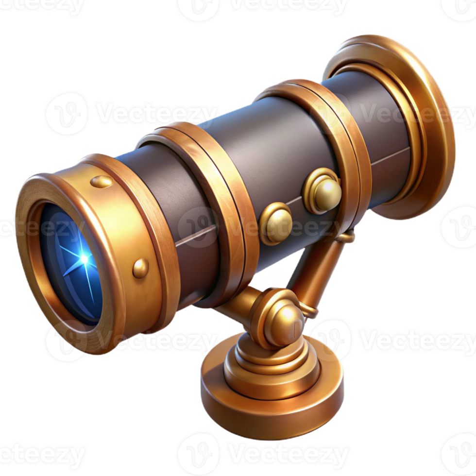 dramatic vintage A steampunk telescope, brass and polished wood, intricate lenses, starry night lighting authentic png
