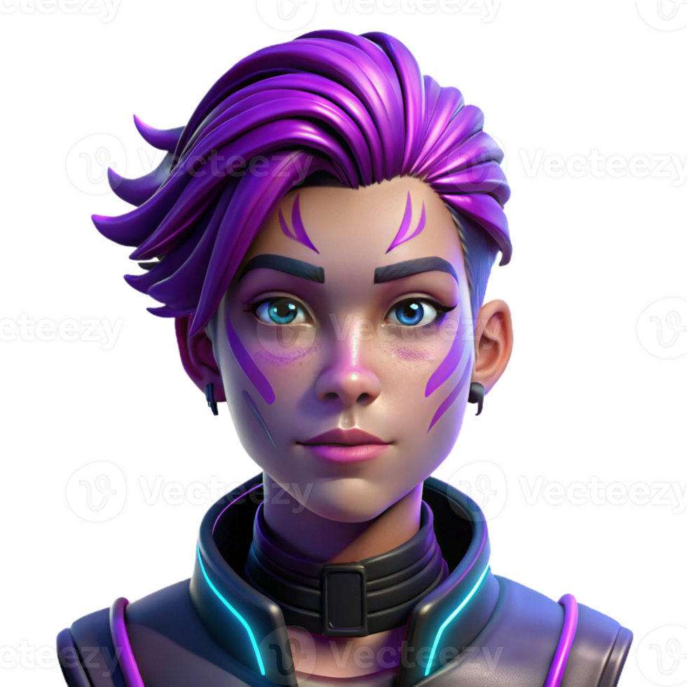 impressive minimalist Portrait of a nonbinary person with vibrant purple hair and intricate facial tattoos, lit by cool, neon lights, in a cyberpunk style original png
