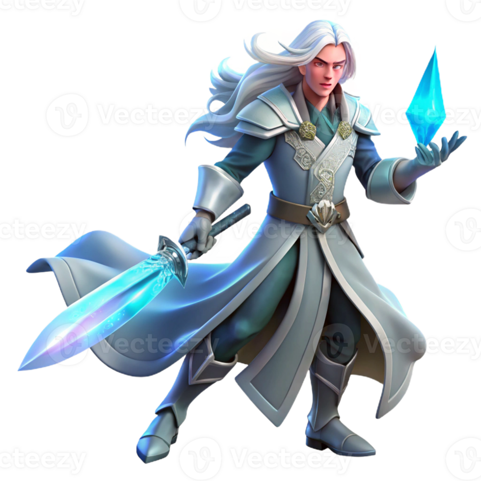 serene modern A lone, ethereal warrior with flowing silver hair, wielding a glowing crystal sword, stands defiantly amidst swirling nebulae. Dramatic chiaroscuro lighting. Art Nouveau style authentic png