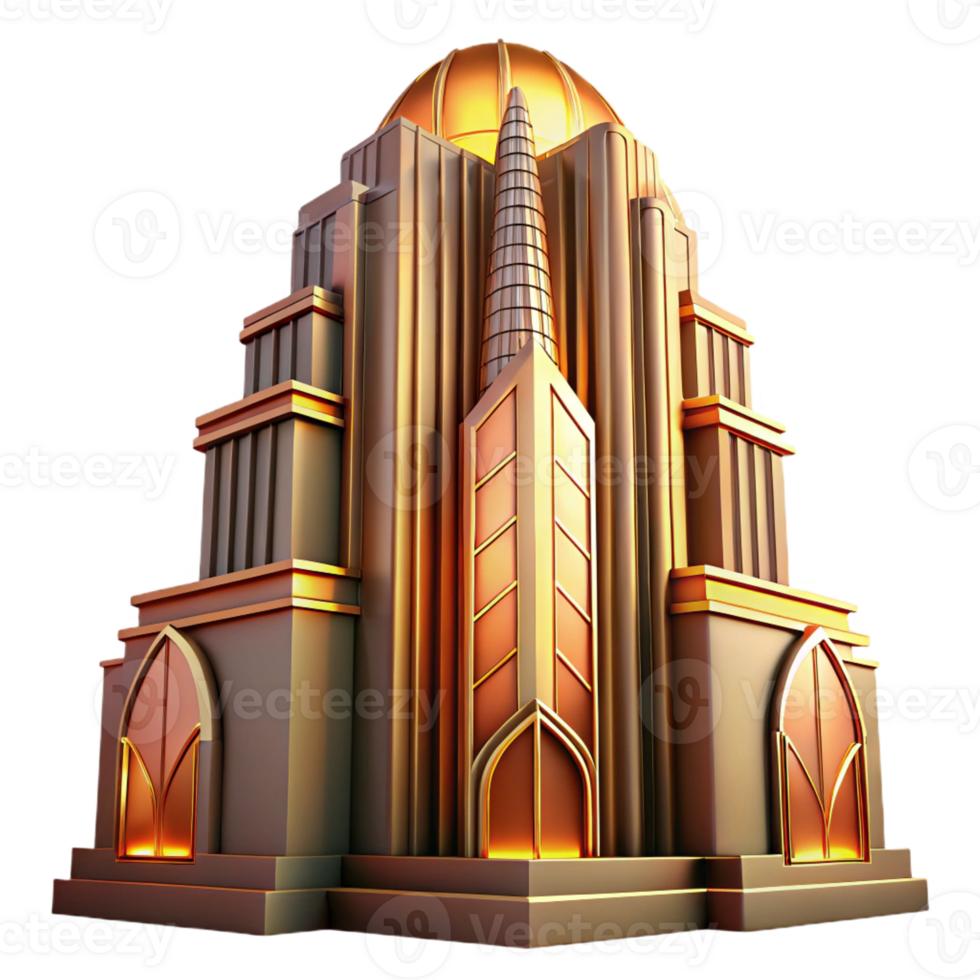 extraordinary abstract Art Deco skyscraper, intricate geometric facade, golden accents, warm sunset lighting, highly detailed, Art Deco style detailed png