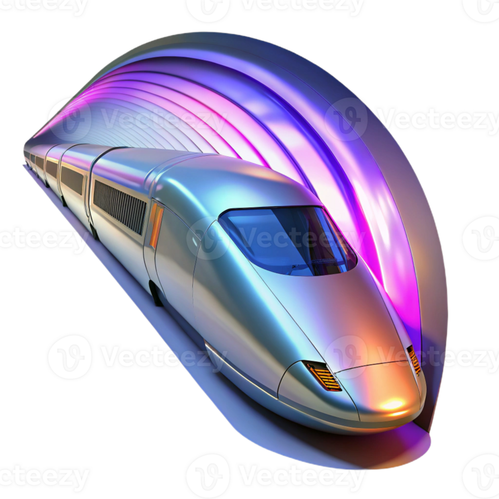 dramatic minimalist A futuristic, high-speed train gliding through a tunnel of light, its sleek, metallic exterior reflecting the vibrant colors. Photorealistic style original png
