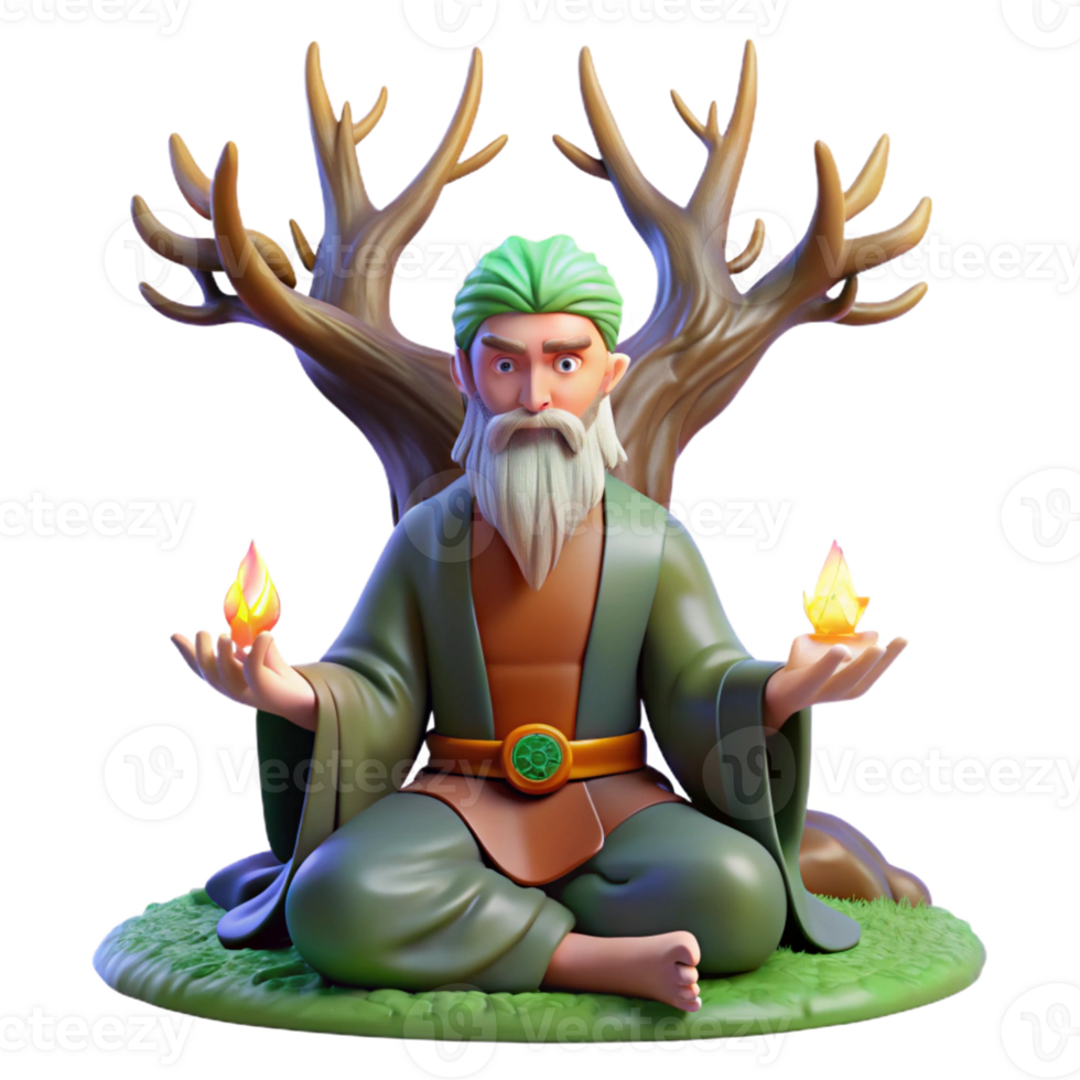 elegant artistic A wise old druid with antlers and glowing runes carved into his skin, meditating beneath a towering oak tree, lit by dappled sunlight, in a realistic style high quality png